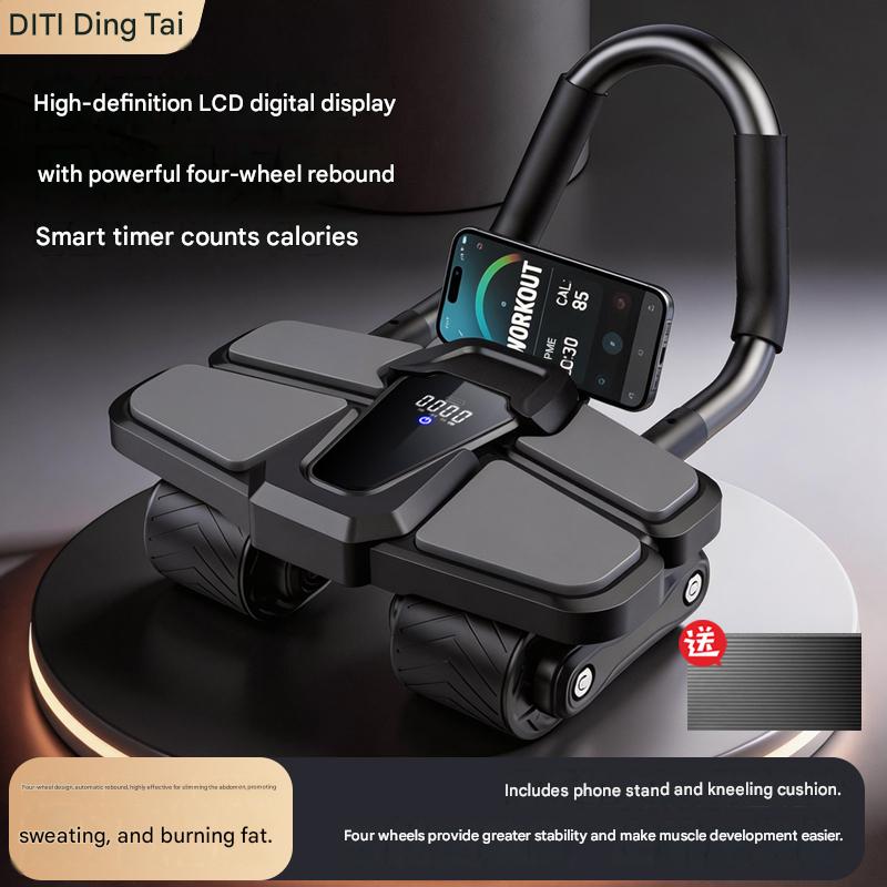 Four-Wheel Abdominal Wheel with Strong Rebound, Ab Roller for Core Workout, Anti-Slip Ab Trainer with Knee Mat & Phone Stand, Home Gym Fitness Equipment for Men & Women